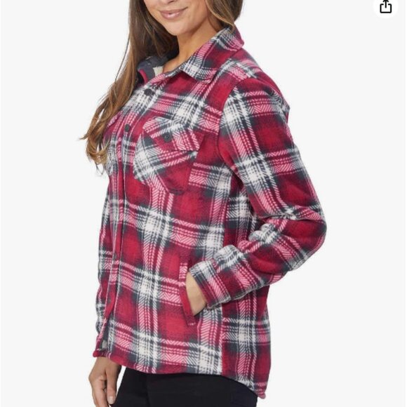 Soho Women's Plaid Fleece Sherpa Lined Jacket/Shirt, Red/White - Size Large - Picture 2 of 8